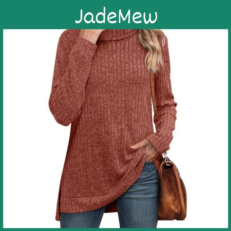 Womens Autumn Blouse Spring And High Neck Bib Side Split Solid Color Long Sleeve Top