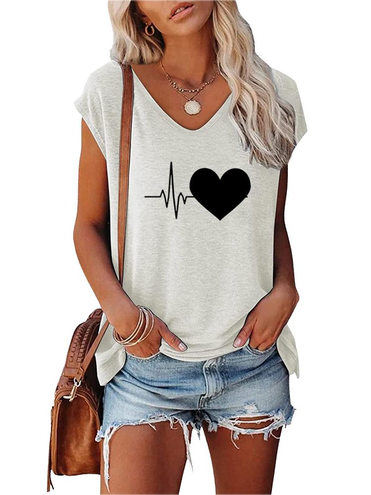 Women Fashion V Collar Short Sleeve Top Summer Casual Print T-shirt