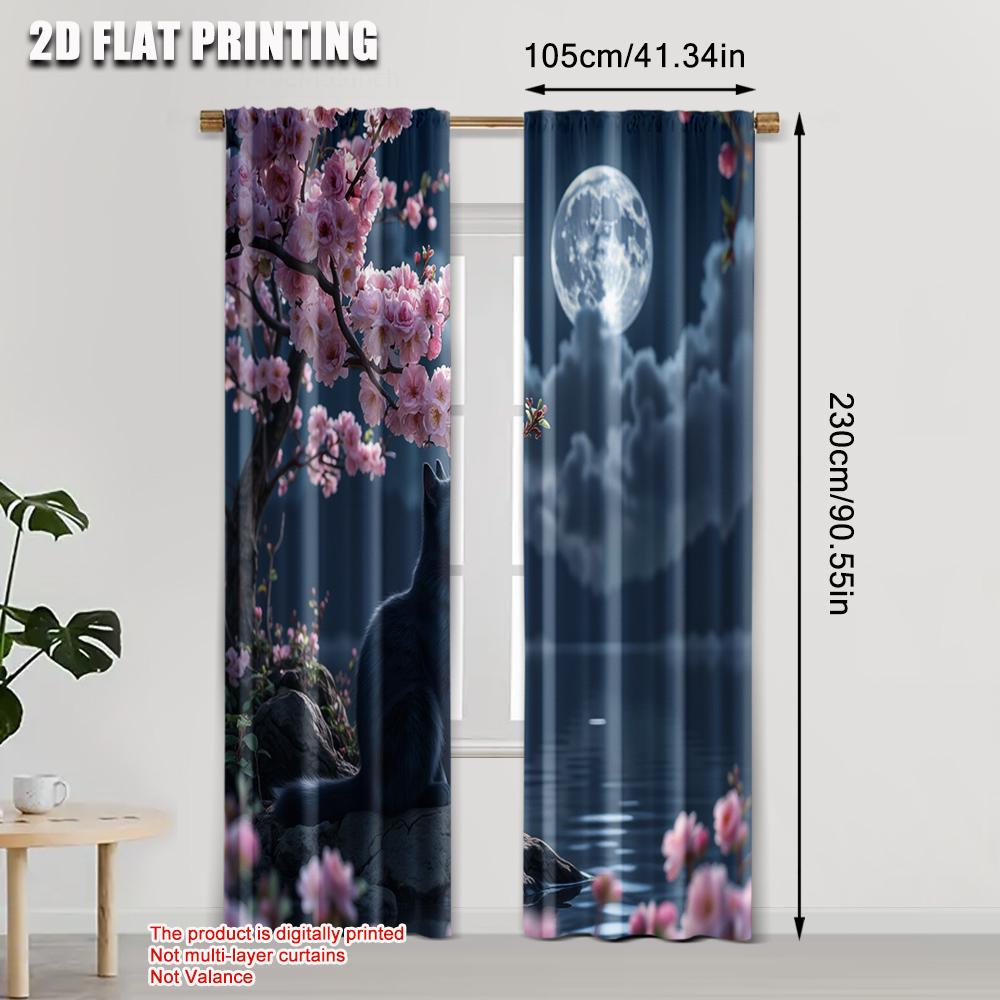 2pcs,2D plane printing Window Curtain Cherry Blossom Black Cat Versatile Polyester Fabric (without rod) Festive Perfect for