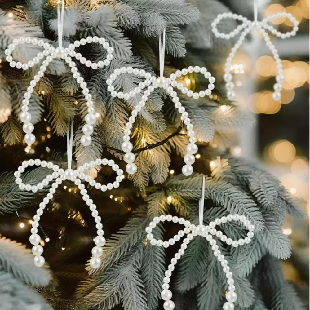 

6pcs New Hand Woven Imitation Pearl Bow Christmas Decoration Christmas Fringe Pendant Holiday Party Girls Room Decor Supplies 9X9cm