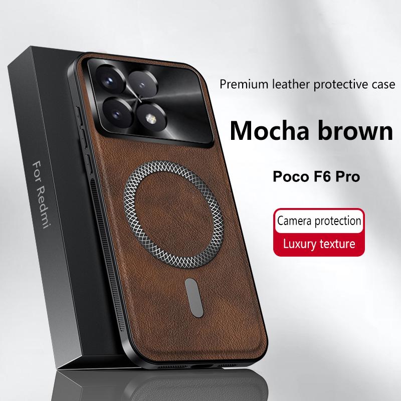 For Poco F6 Pro Case Magnetic Elegant Leather Wear-Resistant Lens Fully Covered Non-Slip Grip Edge Cover Shell