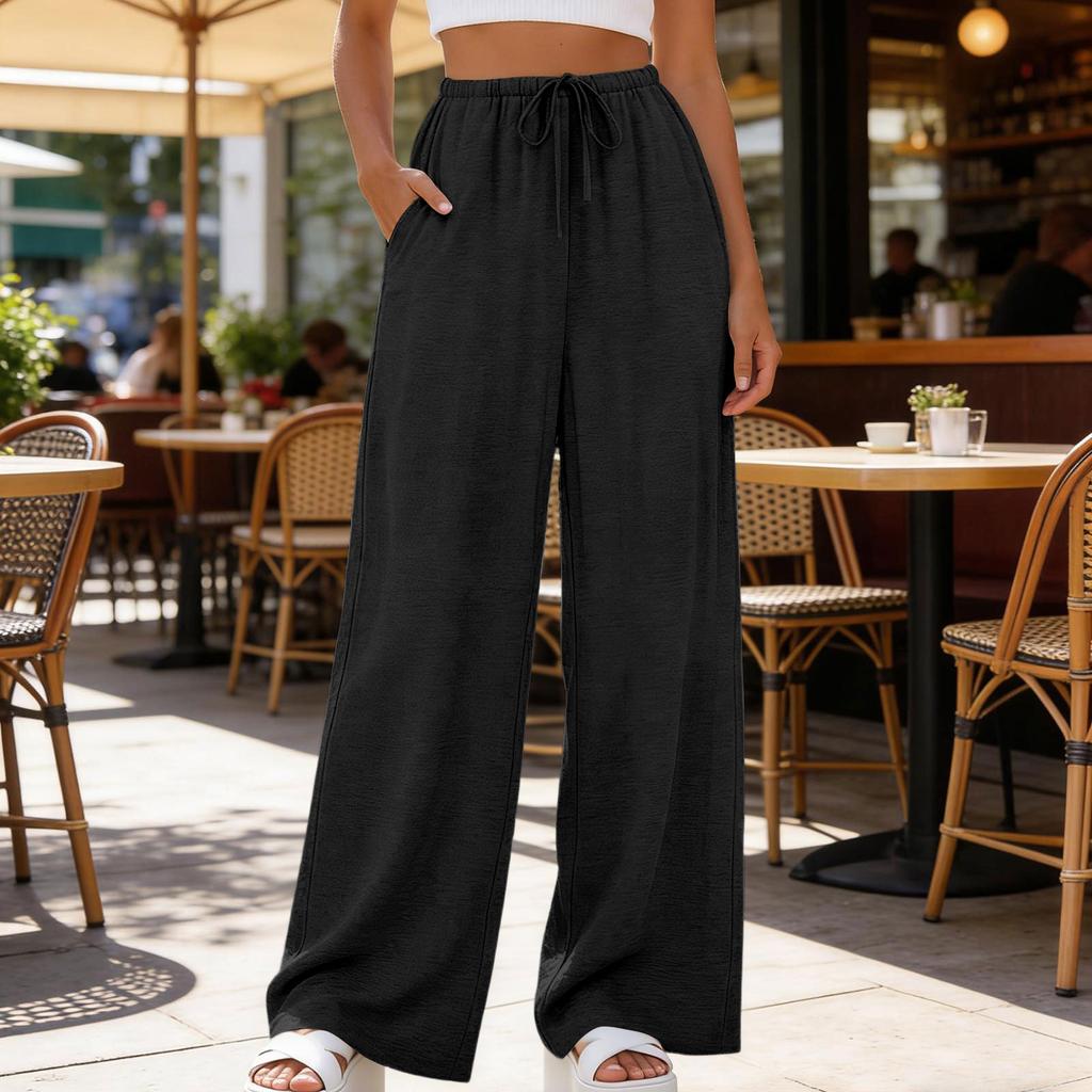 Women’s Casual Wide Leg Pants Loose Fit Drawstring Waist Lightweight Trousers with Pockets for Everyday Wear