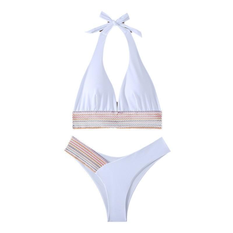 Pure Color Split Swimsuit Women Sexy Tight Bikini High Waist Neck Gathered