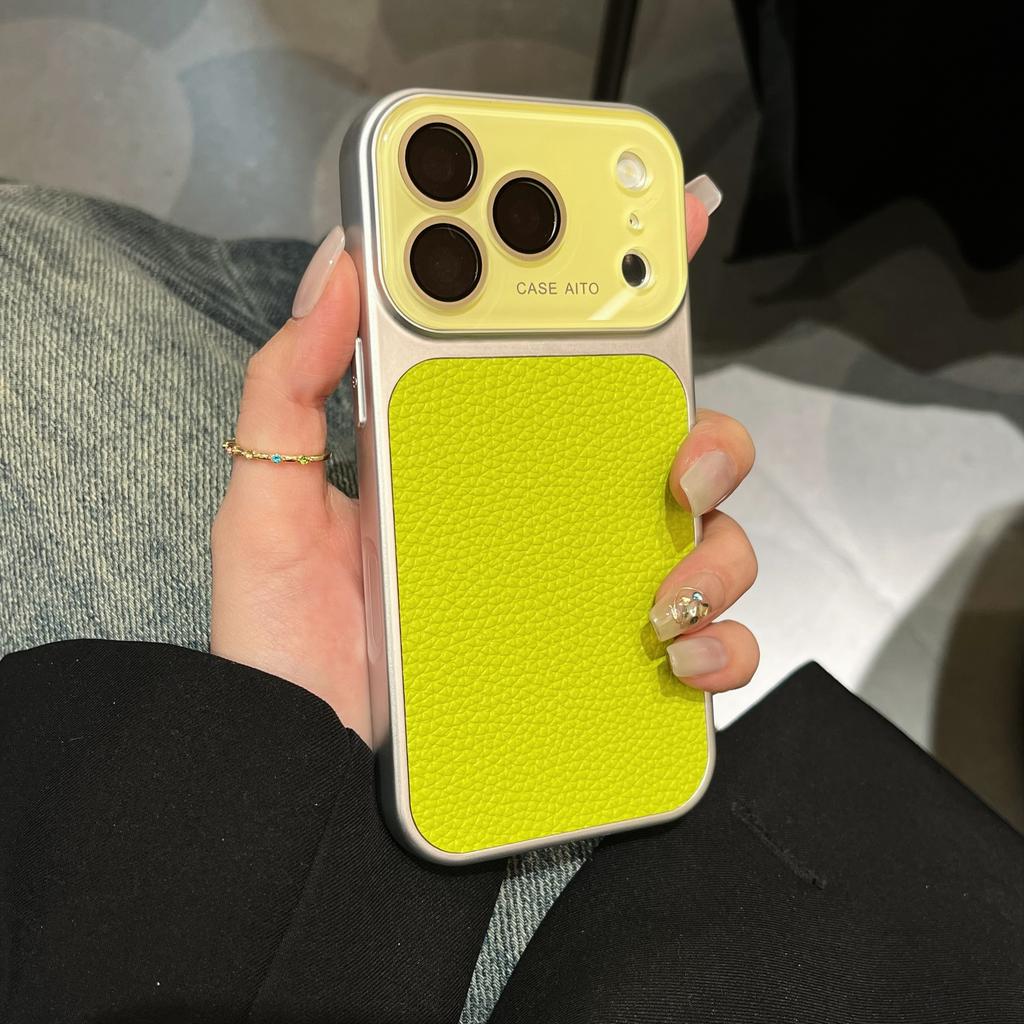 Luxury Lychee Solid Leather Color Case for iPhone 17 16 15 14 13 Pro Max Matte Shockproof Hybrid Glass Camera Protection Cover