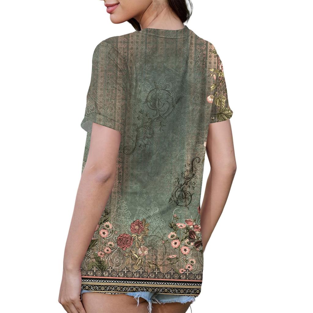 Women's Pocket Floral Print Summer Short Sleeved Round Neck Casual Loose T-shirt Top