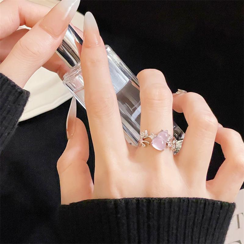 Violet Imitation Jade Gourd Open Ring With Diamonds Niche Design Light Luxury Unique High-End Sense Retro Ring Women
