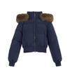 Damen Winter Pufferjacke Kurz Mit Kapuze Dicke Baumwolljacke Mit Kunstpelzkragen Marineblau Lockere Passform