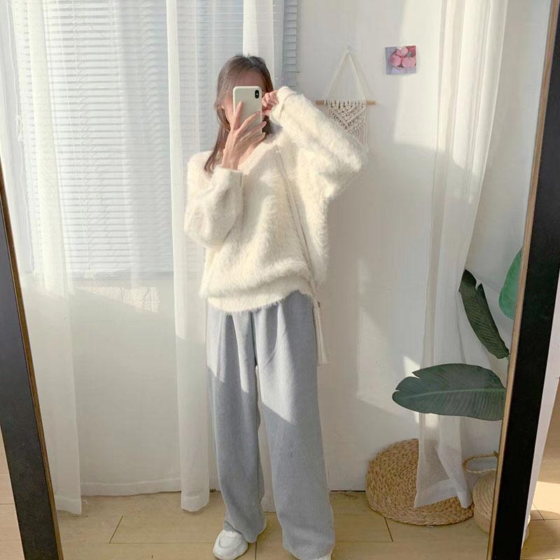 Svetry s výstřihem do V Imitace norky Ženy Pletené svetry zahuštěné Dámské Podzim Zima Teplé Jednobarevné Volné Ležérní svetry