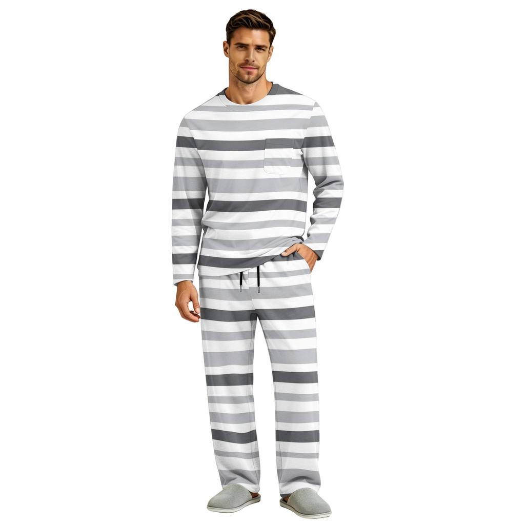 Men's Long Sleeve Pajama Set with Button Crotch and Elastic Drawstring Waist Pants for Home Loungewear