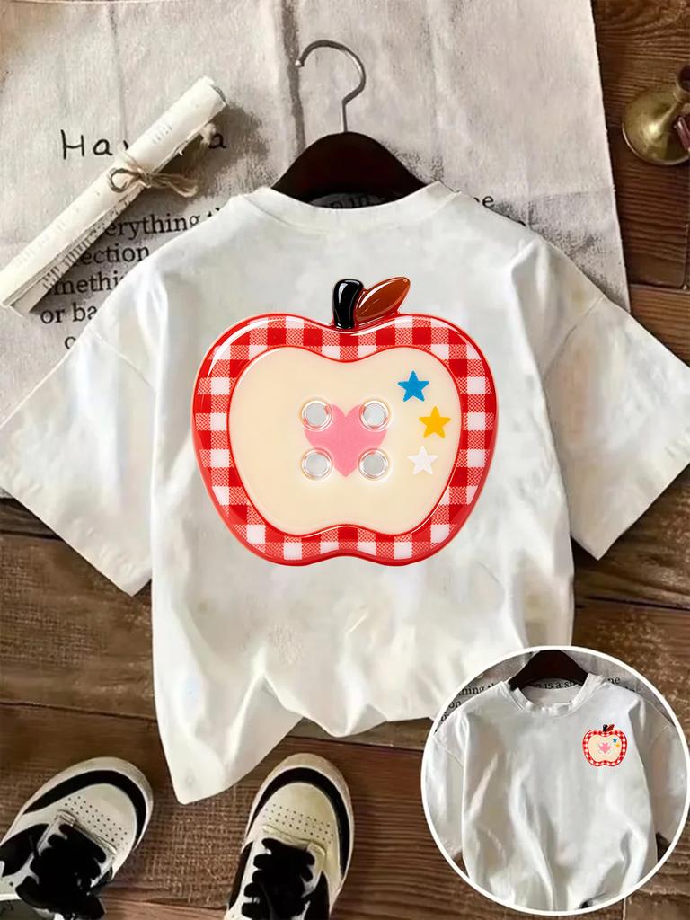 Plaid Apple Button Print Women T Shirt Cute Fruit Graphic Tee Casual Short Sleeve O Neck Loose Kawaii Summer Top Women Clothing