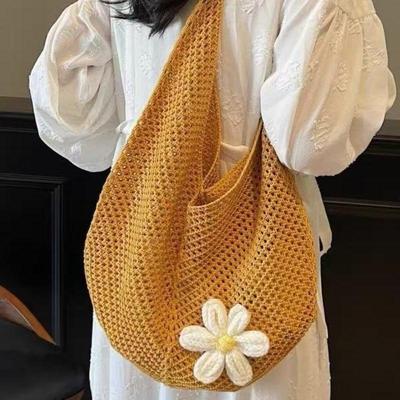 1Pcs Handmade Crochet Shoulder Bag With Flower Decor Hollow Out Knit Tote Bag Large Capacity Casual Handbag For Daily Shopping