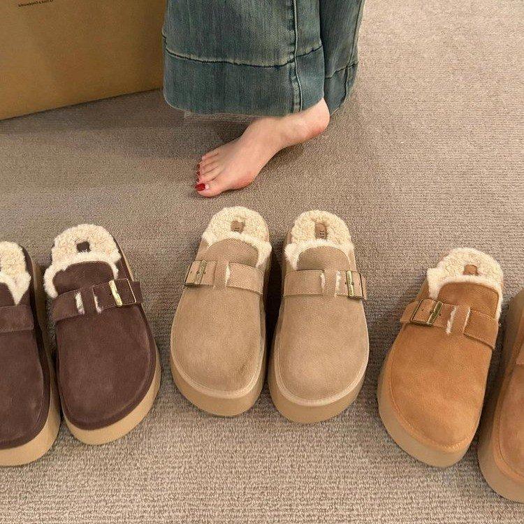 Cowhide version! Thick-soled snow boots increase the height of the bag head and half-drag women's autumn and winter new warm and thickened plush B