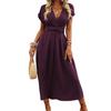 European and American Women's Summer Solid Color Waist V-neck Bat Sleeve Waist Fold Long Elegant Dress Women's Clothing