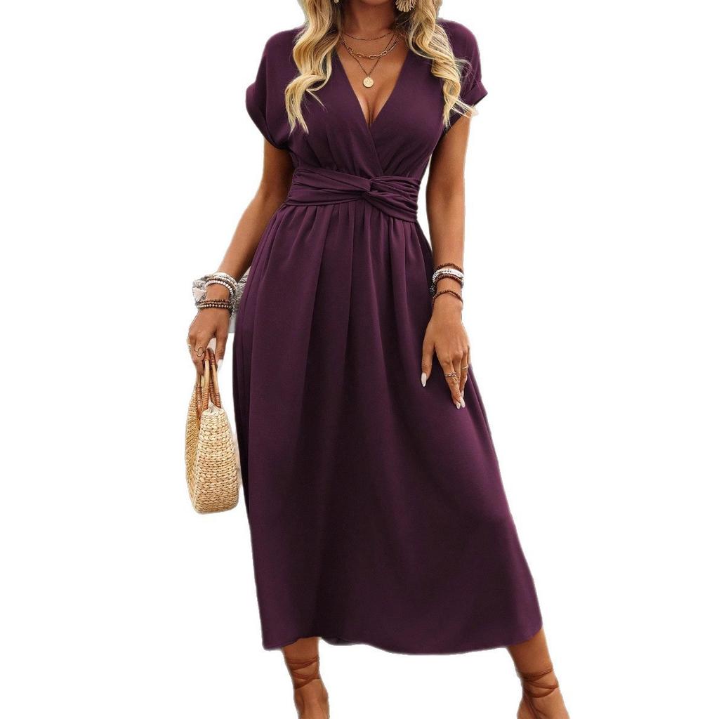 European and American Women's Summer Solid Color Waist V-neck Bat Sleeve Waist Fold Long Elegant Dress Women's Clothing