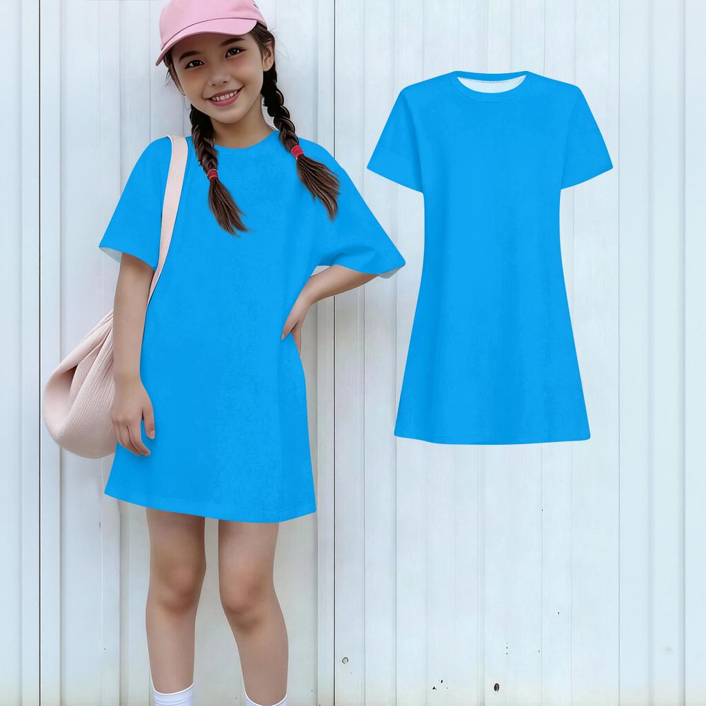Girls Casual Sundress Kids Loose Round Neck Short Sleeve Lightweight Dress
