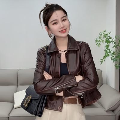 Small Long-sleeved Zipper Leather Jacket for Women Spring and Autumn New Style Fashionable Motorcycle Jacket Loose Jacket Top
