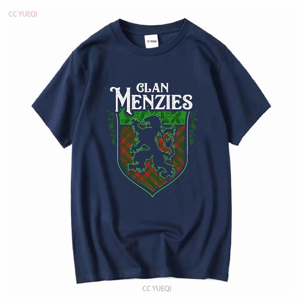 Clan Menzies Scottish Tartan Lion Rampant T Shirt Crest Last Name Surname Womens Long or Short Sleeves Vintage Washed Graphic