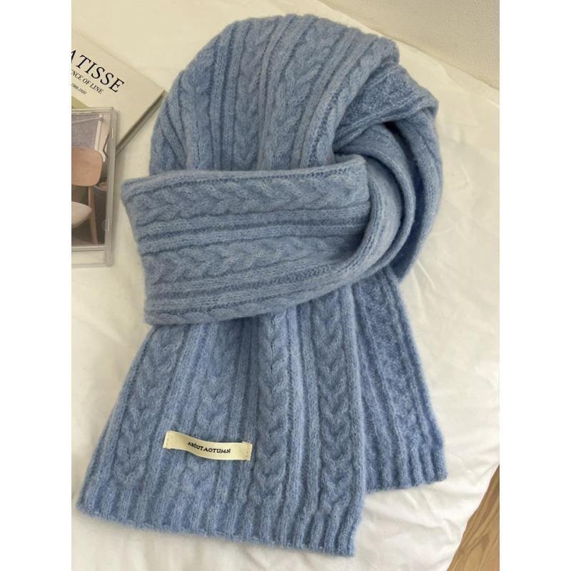 New Solid Color Twist Knitted White Green Scarf for Women in Winter with Wool Warm Scarf Korean Style Student Versatile