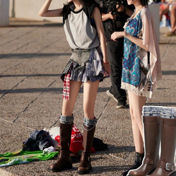 Verze z hovězí kůže~ Pravá kůže Maillard Kovbojské prošívané nadkolenní kozačky Rytířské kozačky Dámské platformové vysoké kozačky