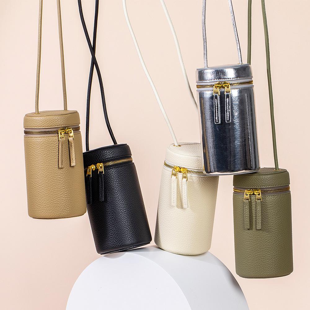 Women's genuine leather niche crossbody bag  high-end bucket bag  first layer cowhide  mobile phone cylinder
