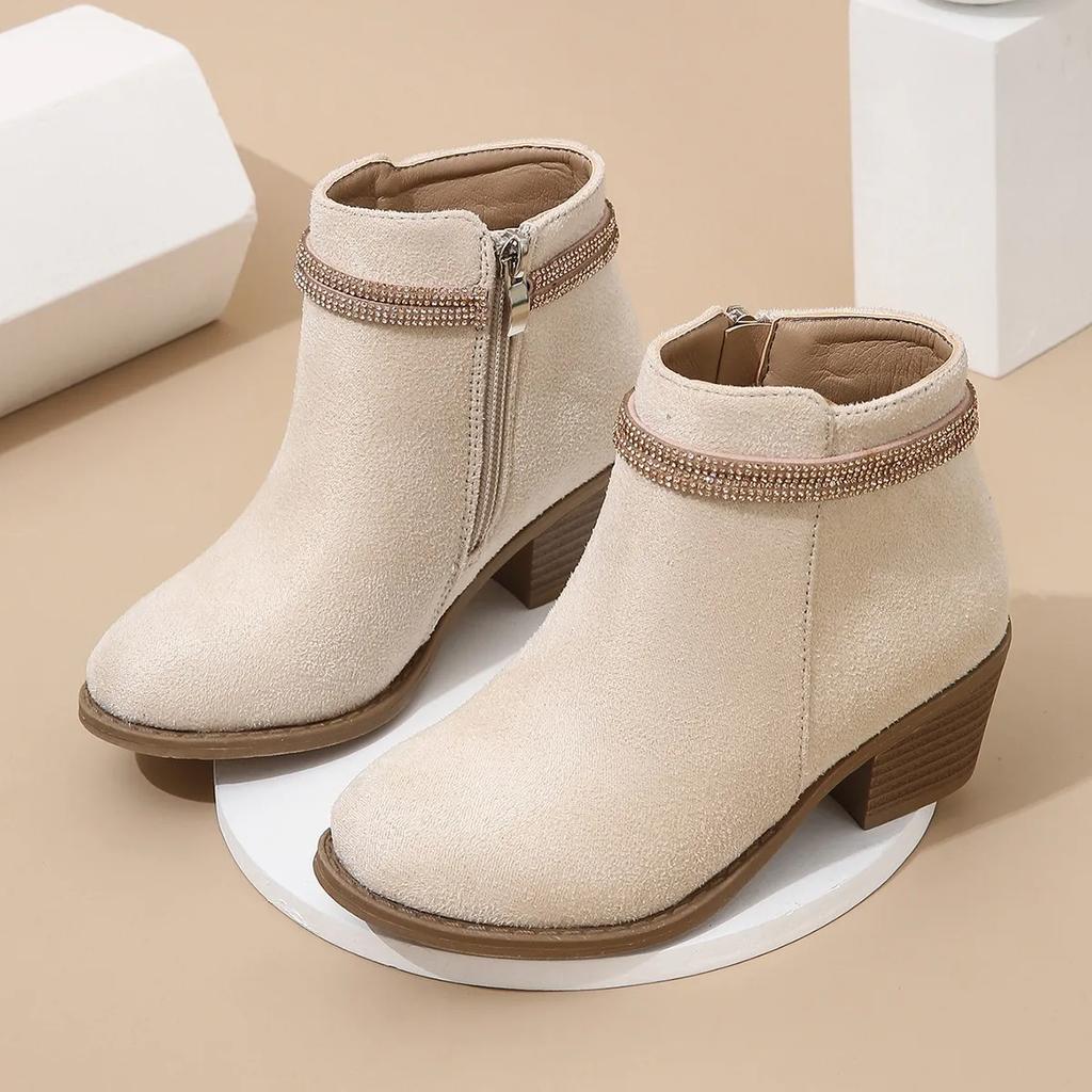 Girls Boots Low Heels Rhinestones Versatile Fashion Children Fashion Leather Boots Simple Side Zipper Chic 2024 Kids Boots Cute
