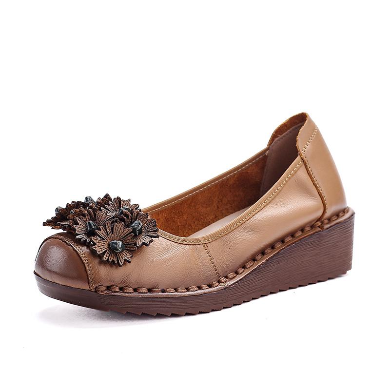 Fashion Handmade Vintage Wedged Shoes for Mature Ladies Genuine Leather Ballet Flats Woman Slip On Easy Fit Shoes Elderly Woman Moccasin