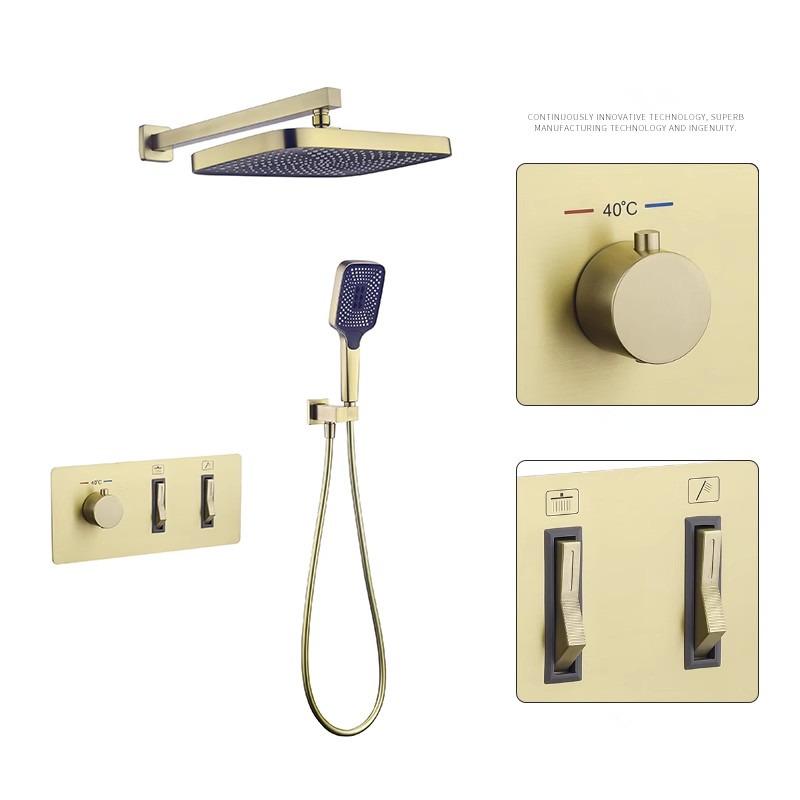 Brushed Gold Thermostatic Bathroom Shower Faucet In Wall Bath and Shower Faucet Set Gray Bathroom Mixer Bath and Rainfall Shower