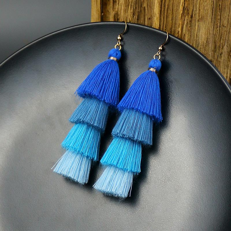 Bohemian color wool fringed earrings women's personality color matching vacation exaggerated temperament long earrings