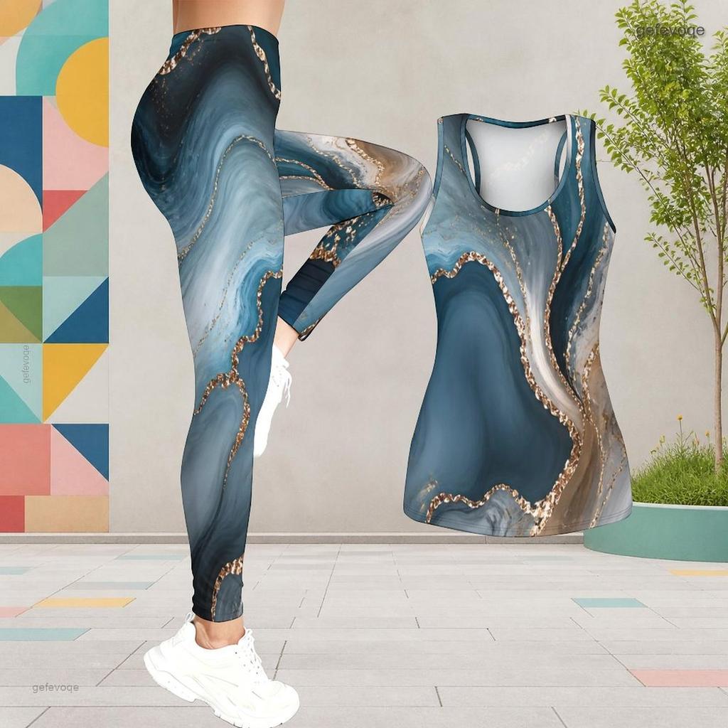 Women Plus Size Two Piece Set Scoop Neck Sleeveless Longline Tank Top Fitted Colorful Printed Pants