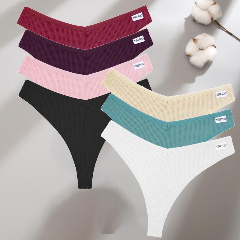 FINETOO 7Pcs Women Cotton Thongs Clothing Comfortable Waffle G-string Panties Female Low-Rise T-Back Underwear Bikini Lingerie