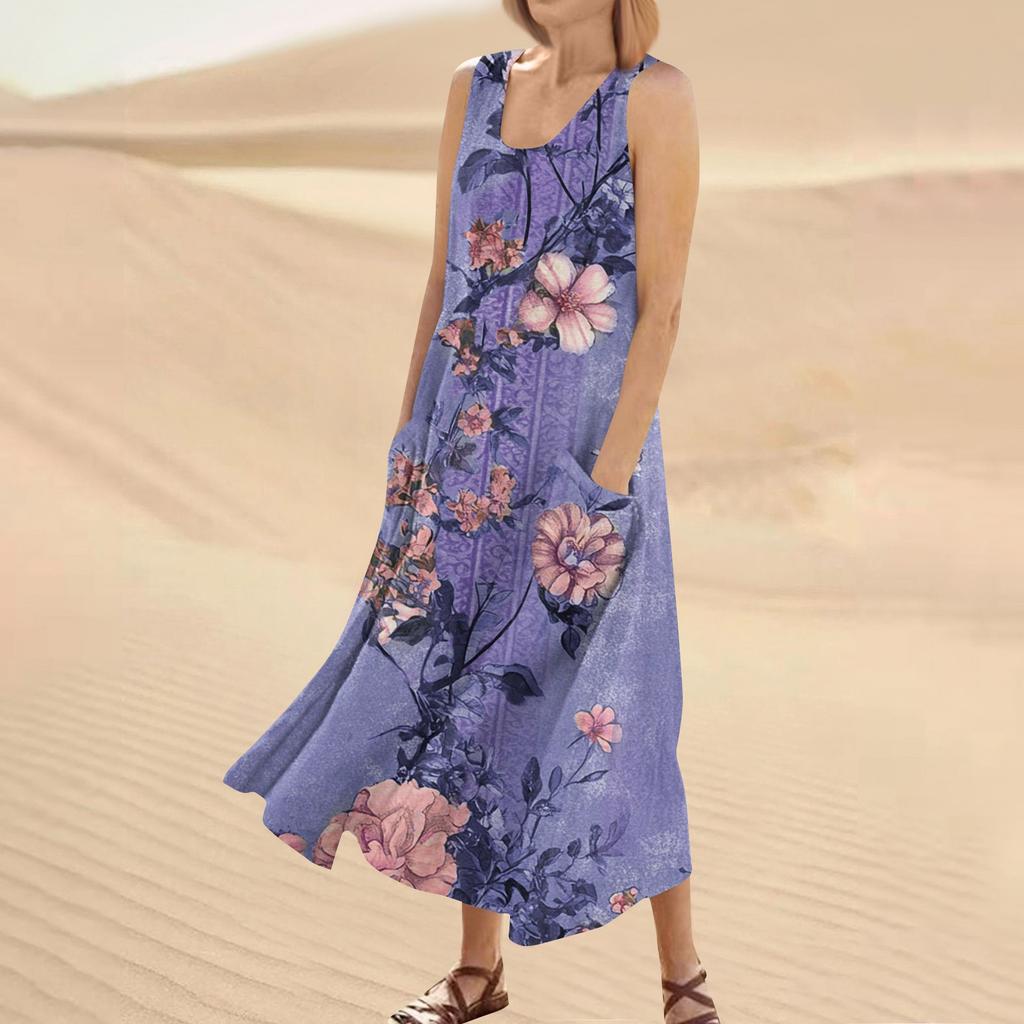 Women's Summer Casual Fashion Flower Printed Sleeveless Round Neck Pocket Dress