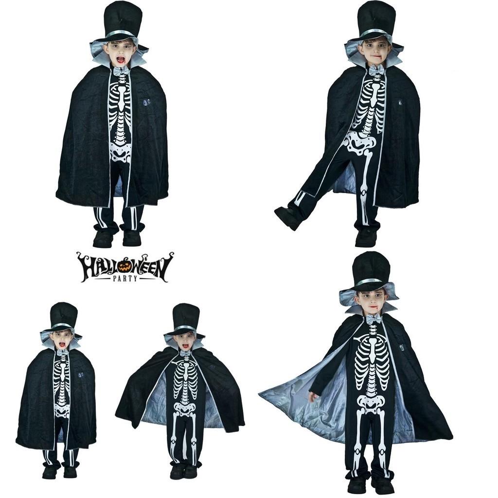 Kids Boy Skeleton Skull Ghost Cloak Halloween Cosplay Party Outfit Costume