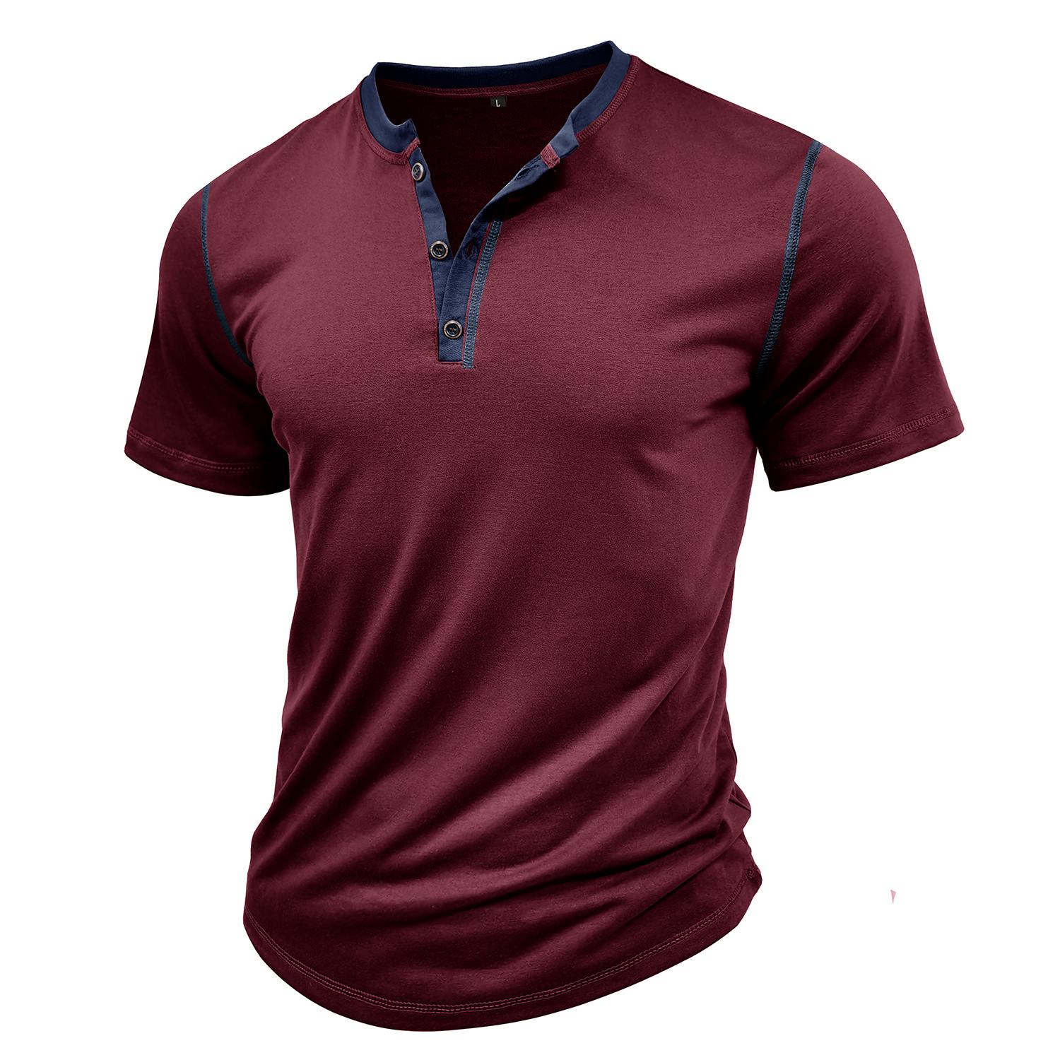 Мужские топы Хенли Рубашка с короткими рукавами Хлопок с круглым вырезом Цветных блоков Дышащие повседневные футболки Лето Весна Праздник Повседневная мужская одежда S бордовый
