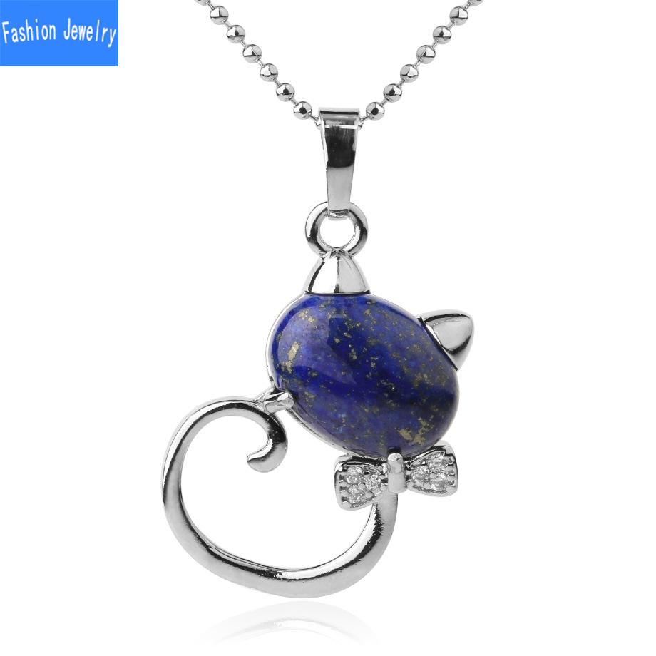 Natural Stone Cute Cat Pendant Multicolor Semi Gem Personalized Necklace