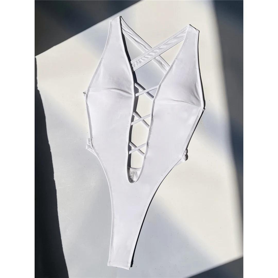

S - XL Deep V Neck Mini Thong Cross Back Women Swimwear One Piece Swimsuit Female High Leg Cut Bather Bathing Suit Swim XL