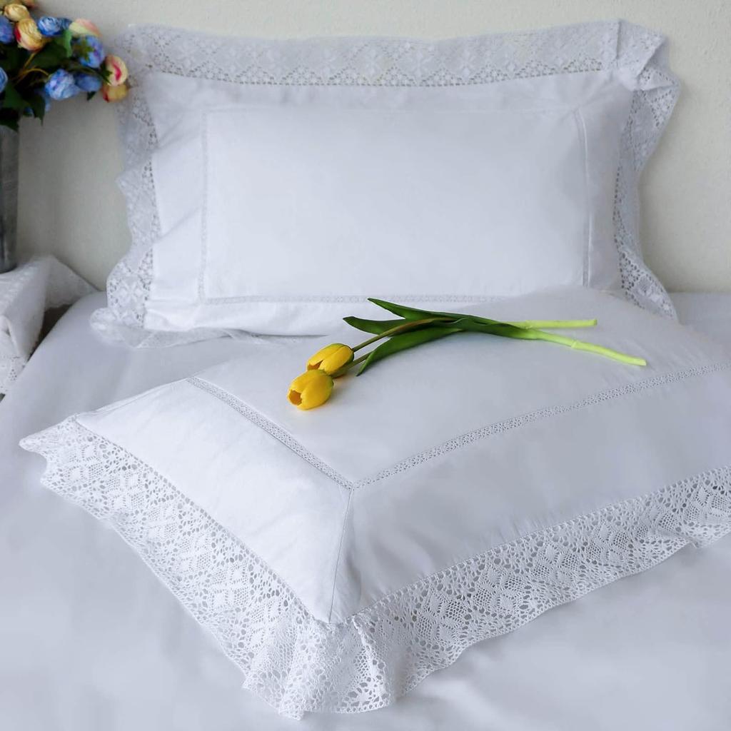 Set of 2 Lace Embroidery Pillow Cases, 100% Cotton Queen Size, White Good Feeling Pillow Covers with Envelope Closure, Softer and Breathable Pillow