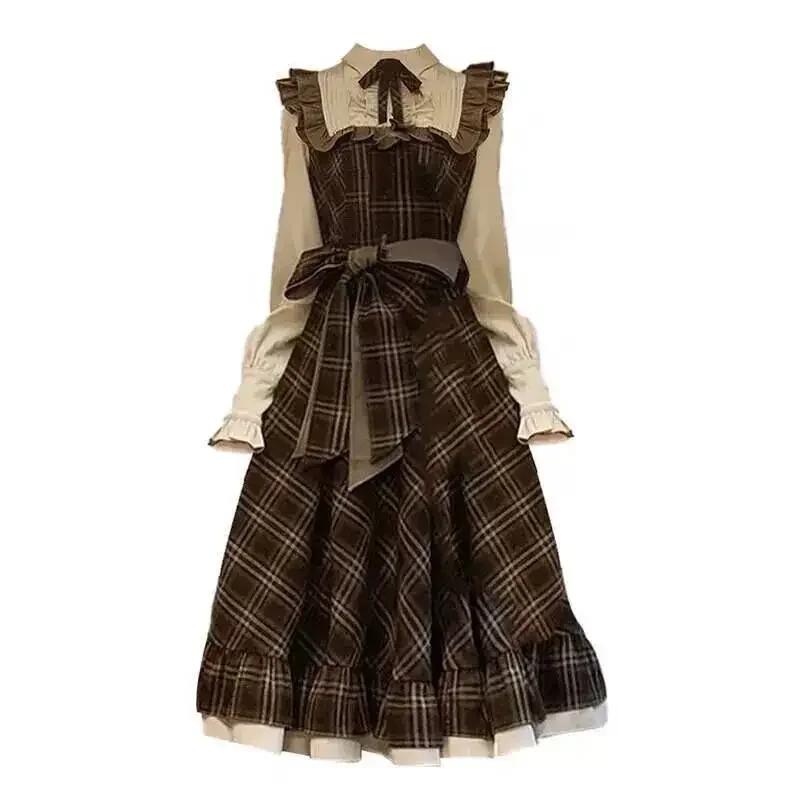 

Fake Two-Piece Dress for Women Long Skirt Slim Fit Waist Cinching Vintage Lolita Plaid Bow Korean Style Fashion 2XL