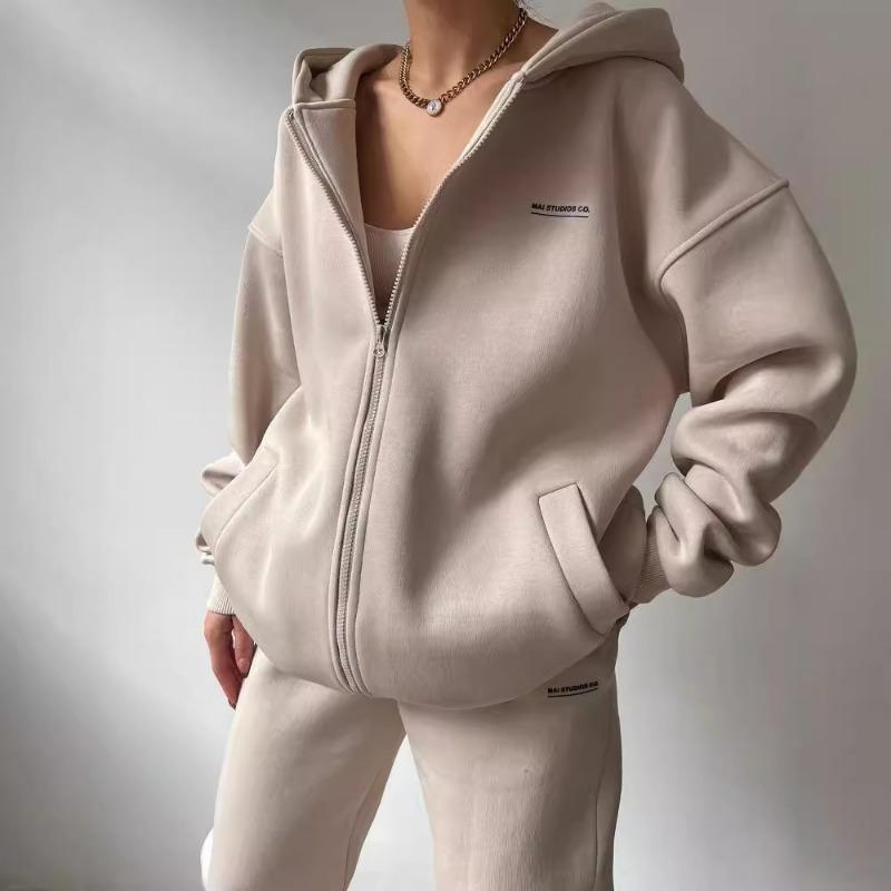 Damen Langarm Fleece Bedrucktes Kapuzensweatshirt und Lässige Hose Zweiteiliges Set