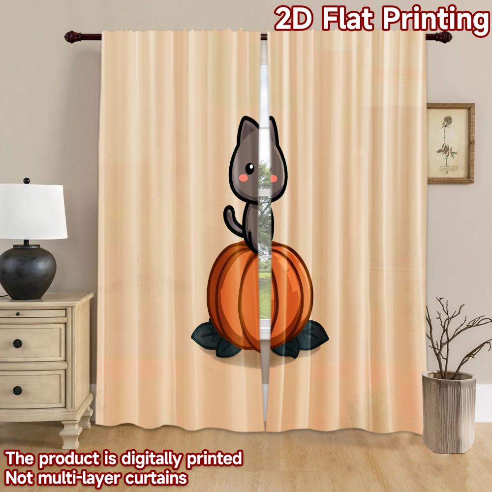 2D flat printing 2pcs Curtains Cute Cat Pumpkin Halloween Digital Printed Polyester Drapes Party Decorations for Event
