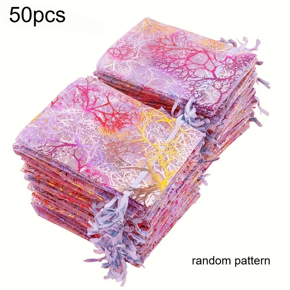 50pcs Elegant Jewelry Gift Bags Closure Golden Floral Design Mesh Pouches Candy Party Favors Organza Gift Bags with Drawstring