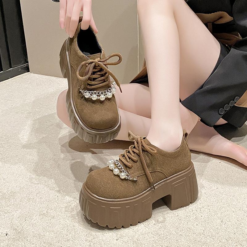 8.5CM Women Suede Leather Platform Sneakers Spring Wedge Heels Chunky Shoes Pumps Woman Lace-Up Thick Sole Casual Walking Shoes