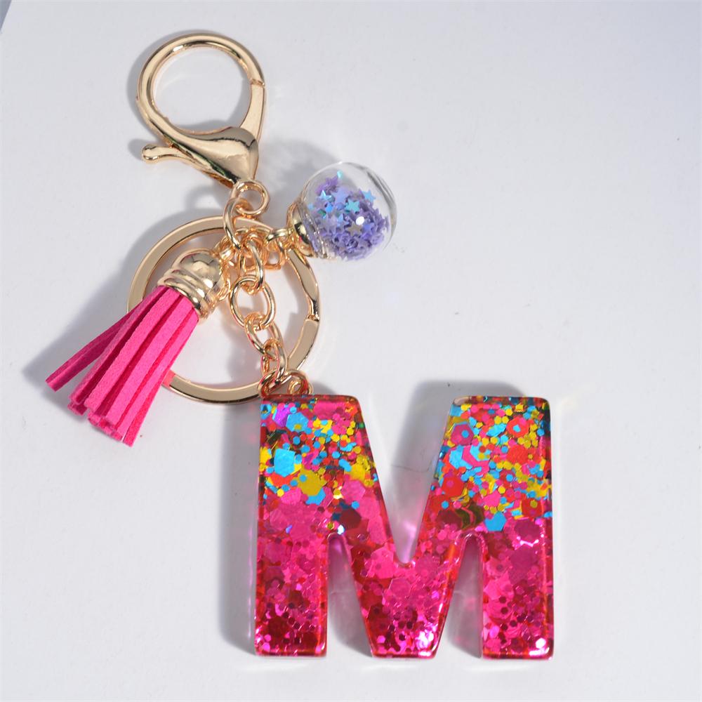 Fashion Tassel Star Ball 26Letters Keychain Colorful Sequins Resin Key Ring for Women Girls Car Handbag Phone Case Pendant Gifts