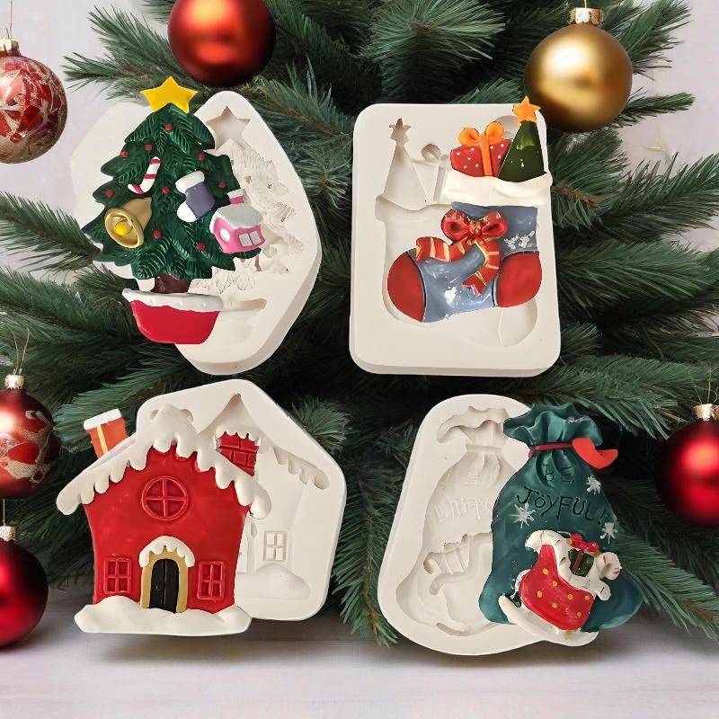 Christmas House & Tree Silicone Mold Cooking Tools for Cake Decorating Pastry Kitchen Baking Fondant Sugar Art Accessories