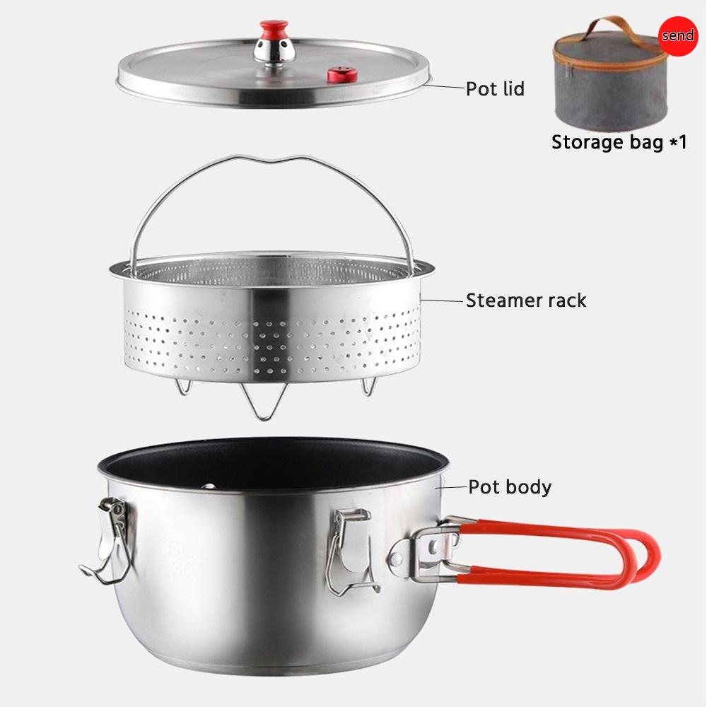 

Туристическая кастрюля из нержавеющей стали 304, включая корпус кастрюли x1+крышку x1+пароварку x1+мешок x1, со складной ручкой и теплоизолирующим чехлом серебряный