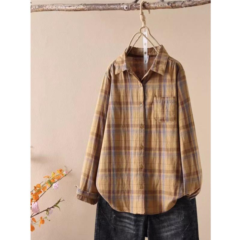 2026 Spring Women s Cotton Plaid Long Sleeve Polo Collar Shirt XXL