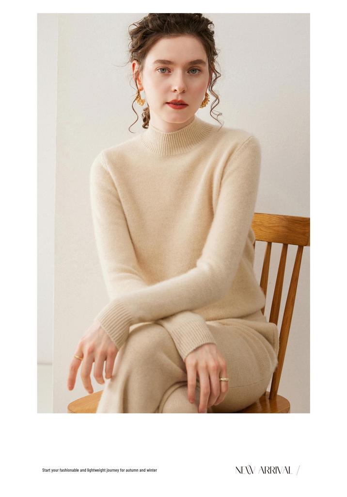 Women's Cashmere Sweater, Soft & Sticky, Half-High Collar, Solid Color, Seven-Gauge Knit, Thick Base Layer, Slimming Versatile Top.