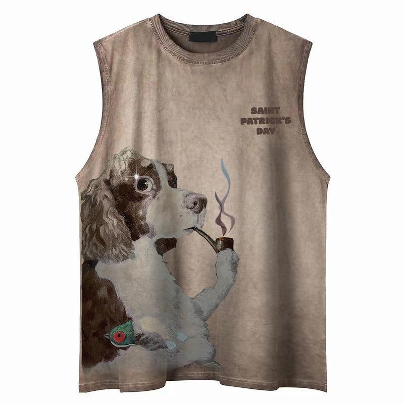 American Retro Scrawled Pipe Puppy Printed Sleeveless Vest for Men and Women Can Wear Trendy Brand Loose Couple Vest Top