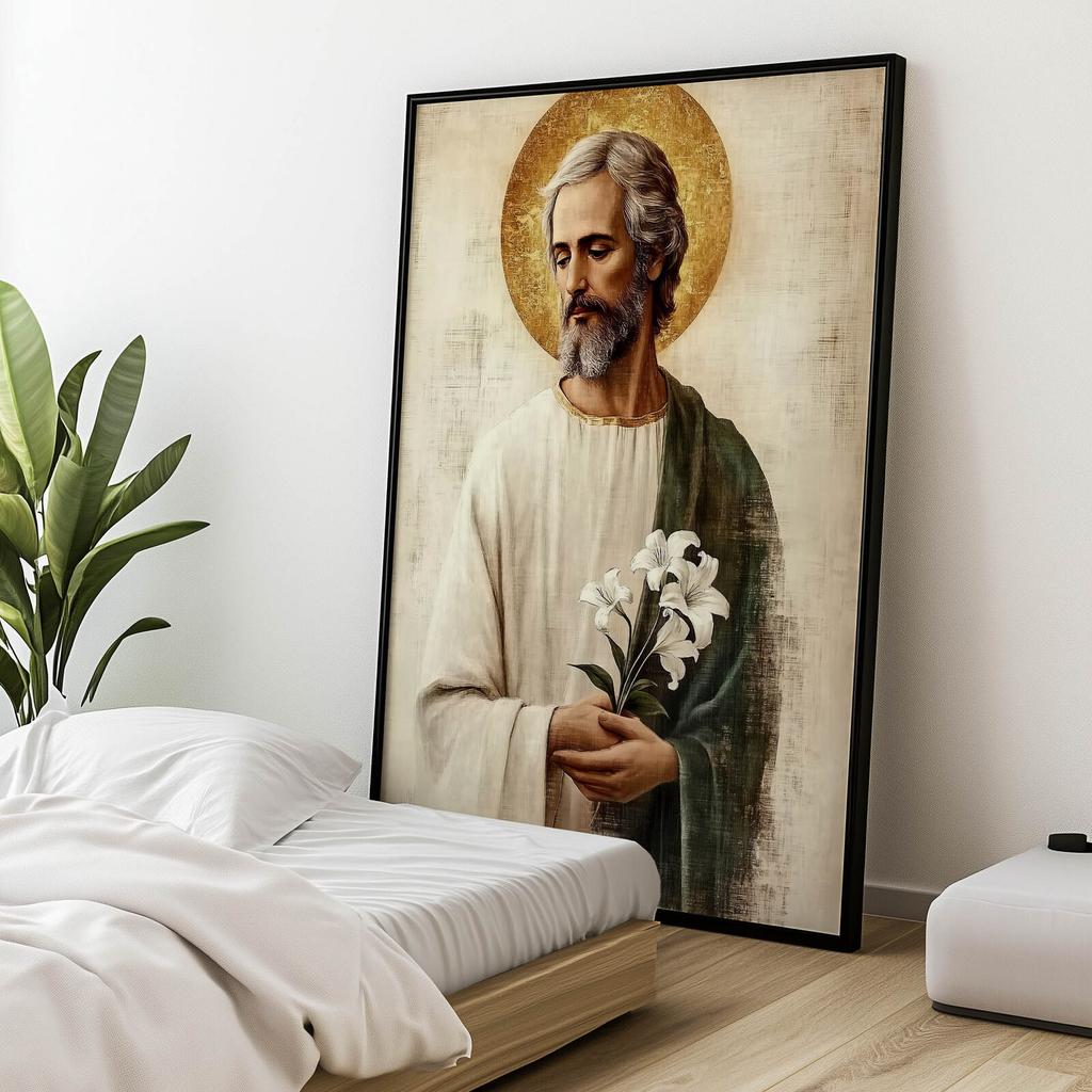 Święty Józef Z Bukietem Lilii Święty Józef Z Bukietem Lilii, 30X40 Cm, Rama Aluminiowa Złota, Papier Matowy 230 Gsm