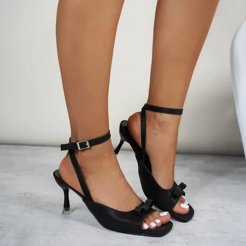 2025 Bow Slingback Stiletto High Heel Sandals Sexy Fashion Women Open Toe Ankle Buckle Sandals Lady Dress Luxury Pink Shoes