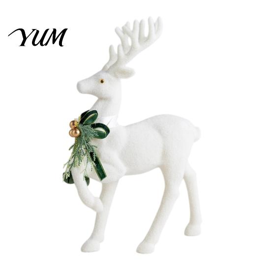 Holiday Gift Accessories with Bells White Flocked Elk Ornament, Ribbon Bell Decor 3D Standing Deer Winter Theme Table Centerpieces Figurine,